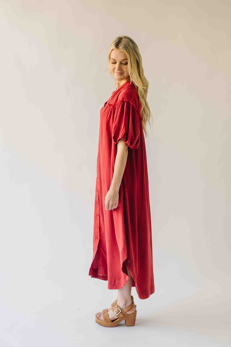 The Audra Puff Sleeve Midi Dress in Washed Red