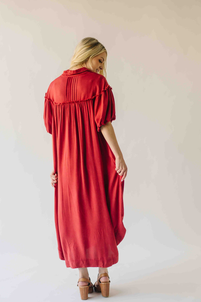 The Audra Puff Sleeve Midi Dress in Washed Red