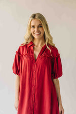 The Audra Puff Sleeve Midi Dress in Washed Red