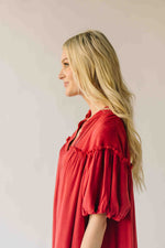 The Audra Puff Sleeve Midi Dress in Washed Red