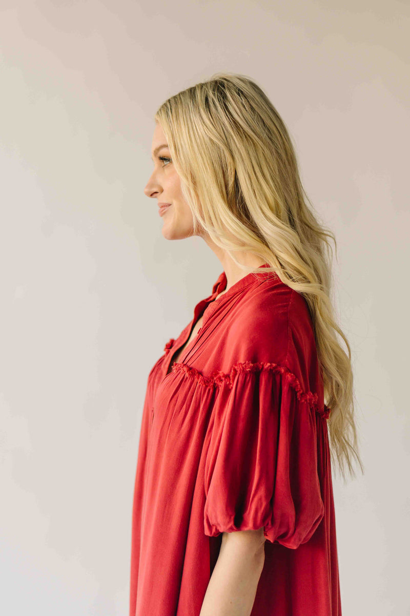 The Audra Puff Sleeve Midi Dress in Washed Red