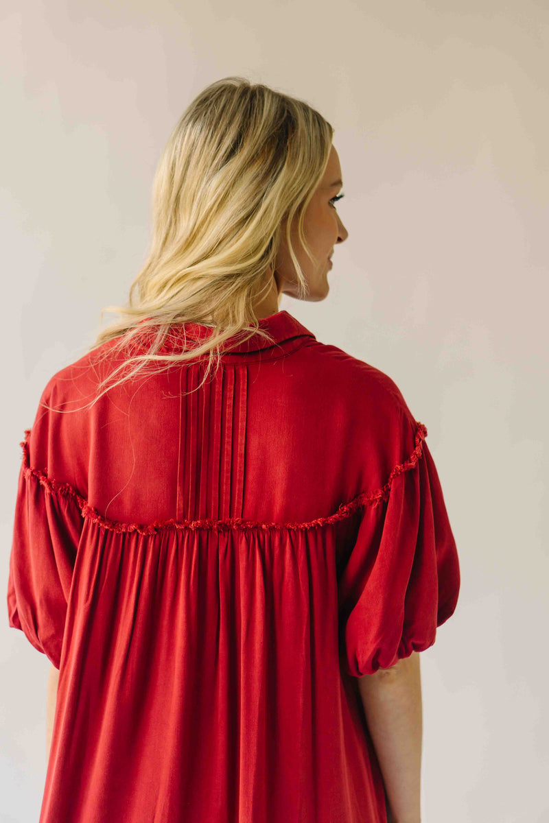 The Audra Puff Sleeve Midi Dress in Washed Red