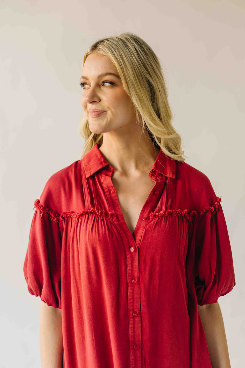 The Audra Puff Sleeve Midi Dress in Washed Red
