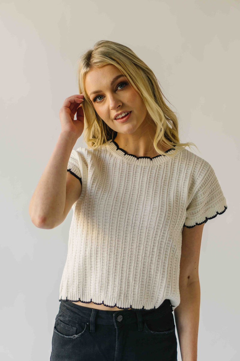 The Shelly Scallop Edge Sweater in Ivory + Black
