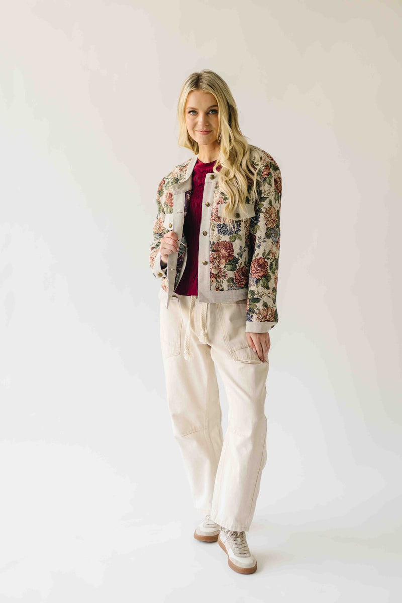 The Macey Floral Button-Up Jacquard Jacket in Stone