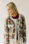 The Macey Floral Button-Up Jacquard Jacket in Stone