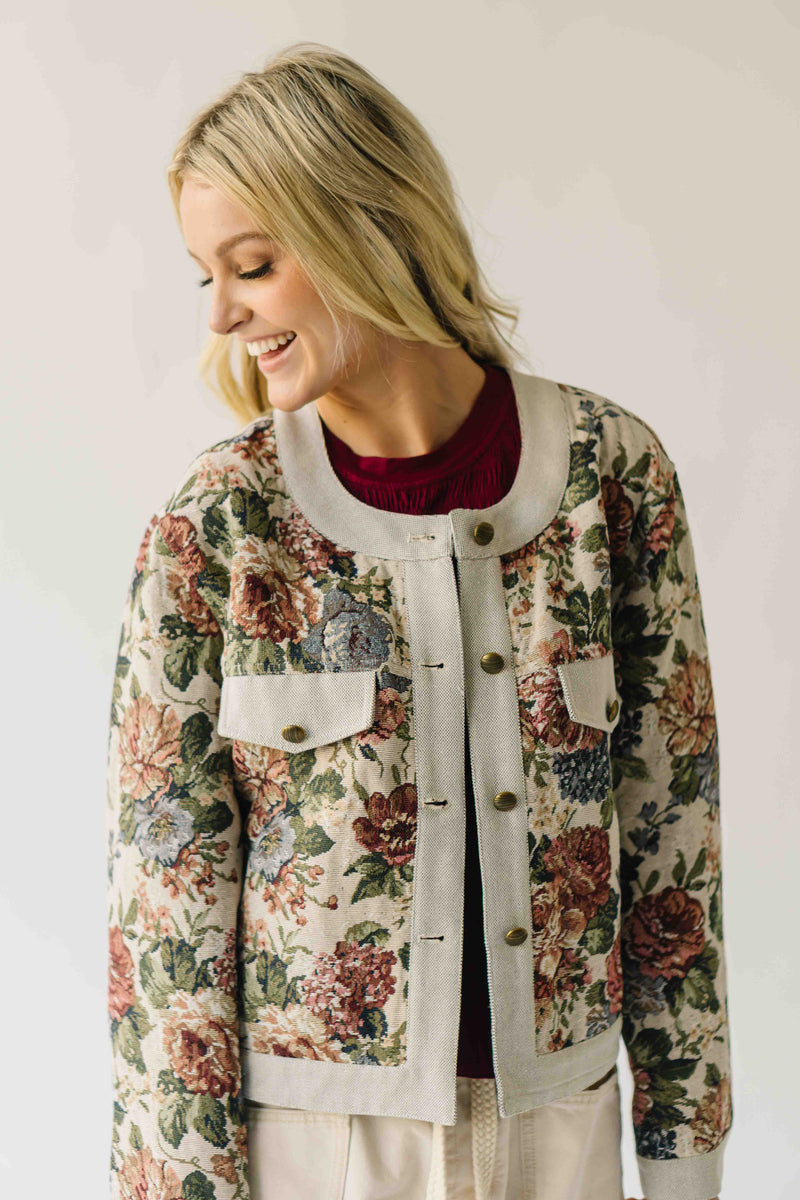 The Macey Floral Button-Up Jacquard Jacket in Stone
