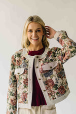 The Macey Floral Button-Up Jacquard Jacket in Stone