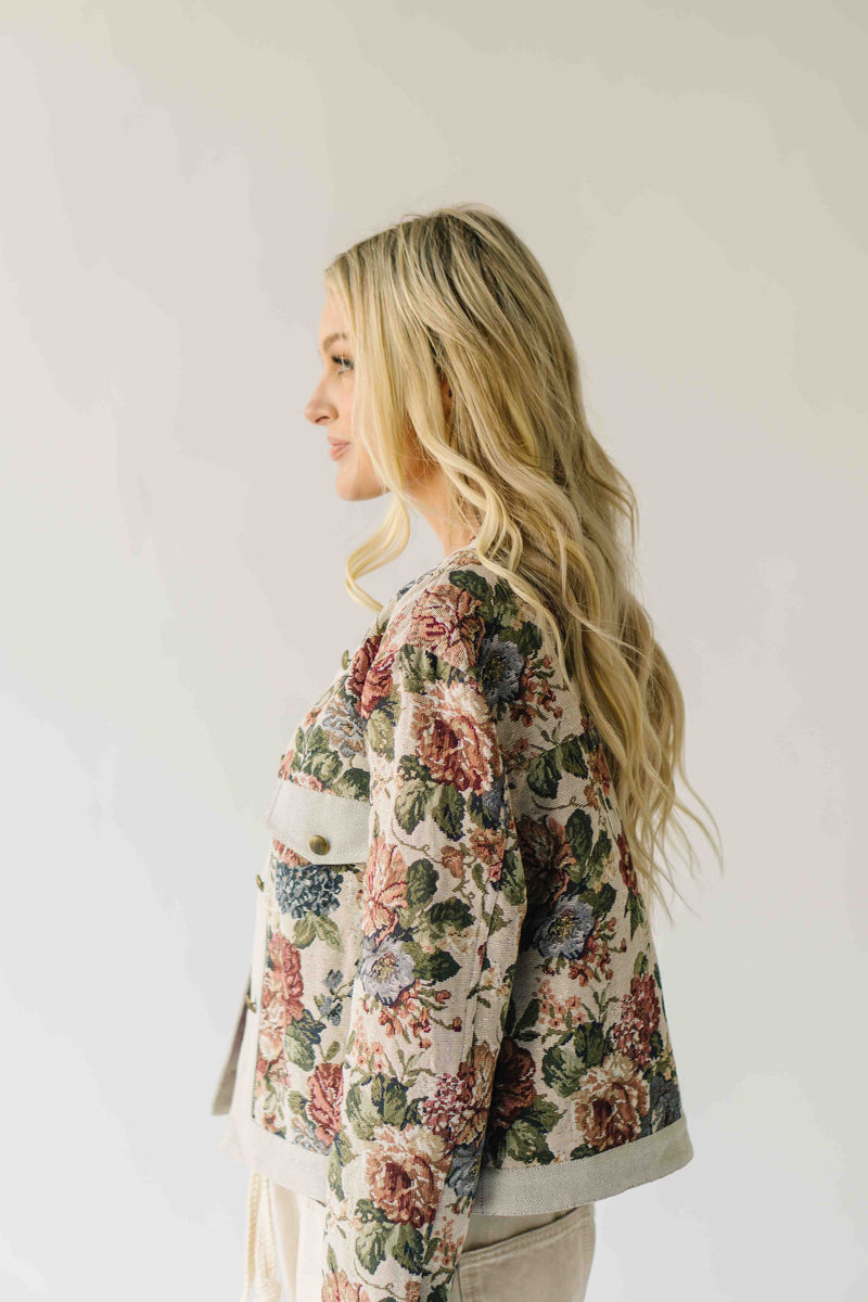 The Macey Floral Button-Up Jacquard Jacket in Stone