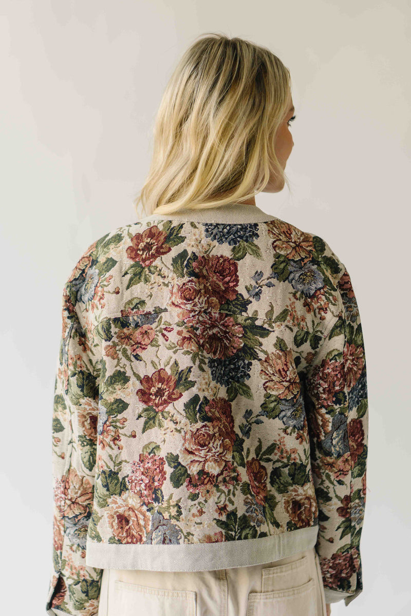 The Macey Floral Button-Up Jacquard Jacket in Stone