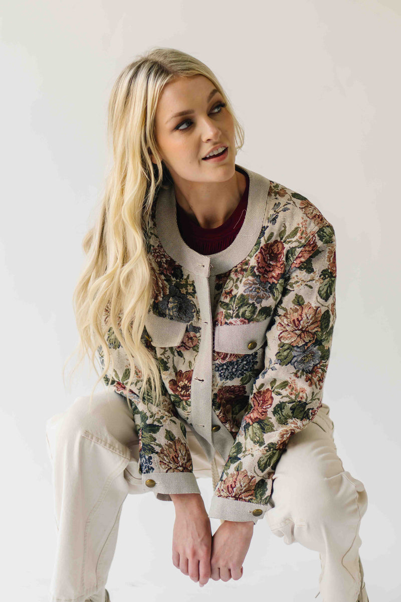 The Macey Floral Button-Up Jacquard Jacket in Stone