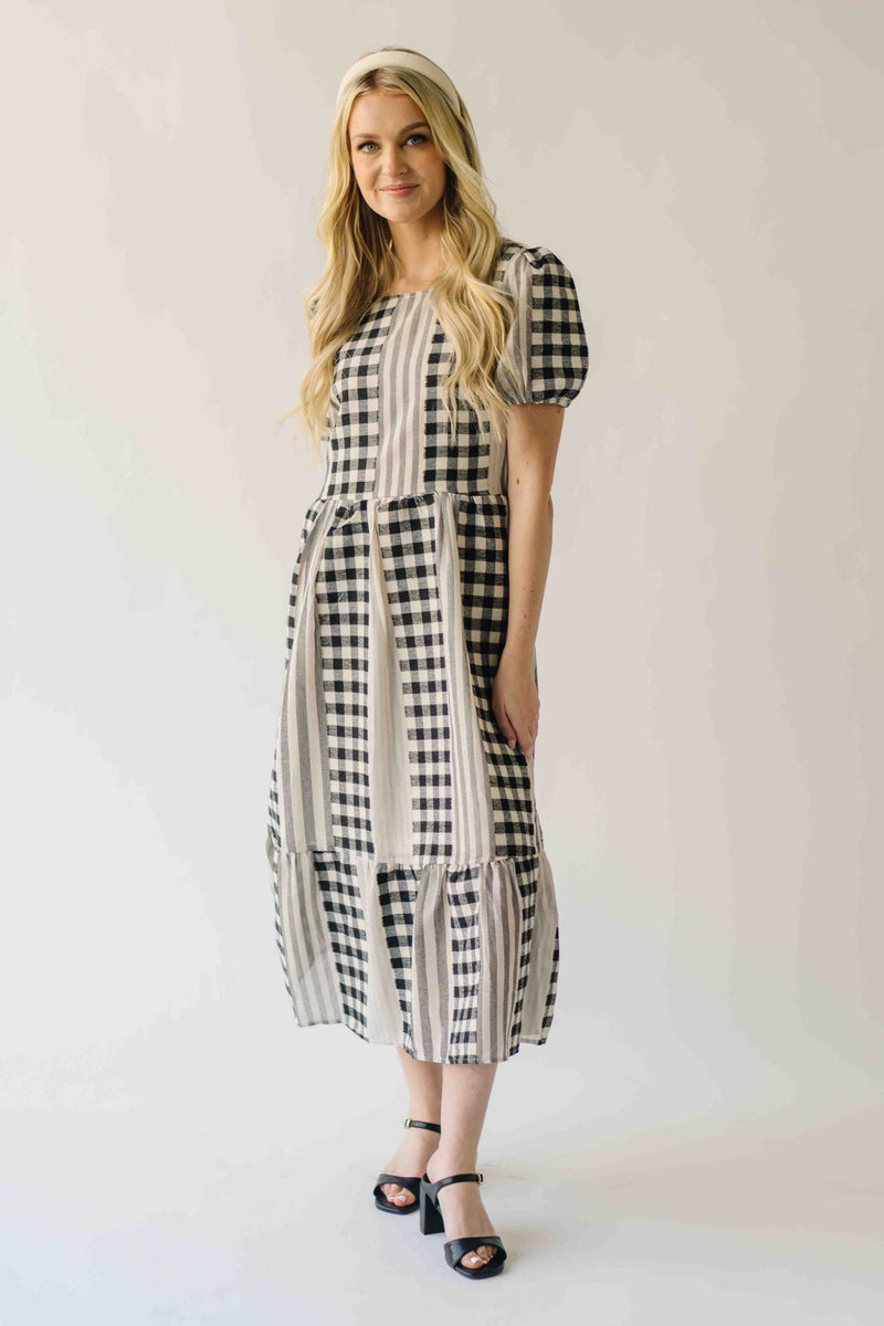 The Bosworth Contrast Gingham Midi Dress in Black + Ivory