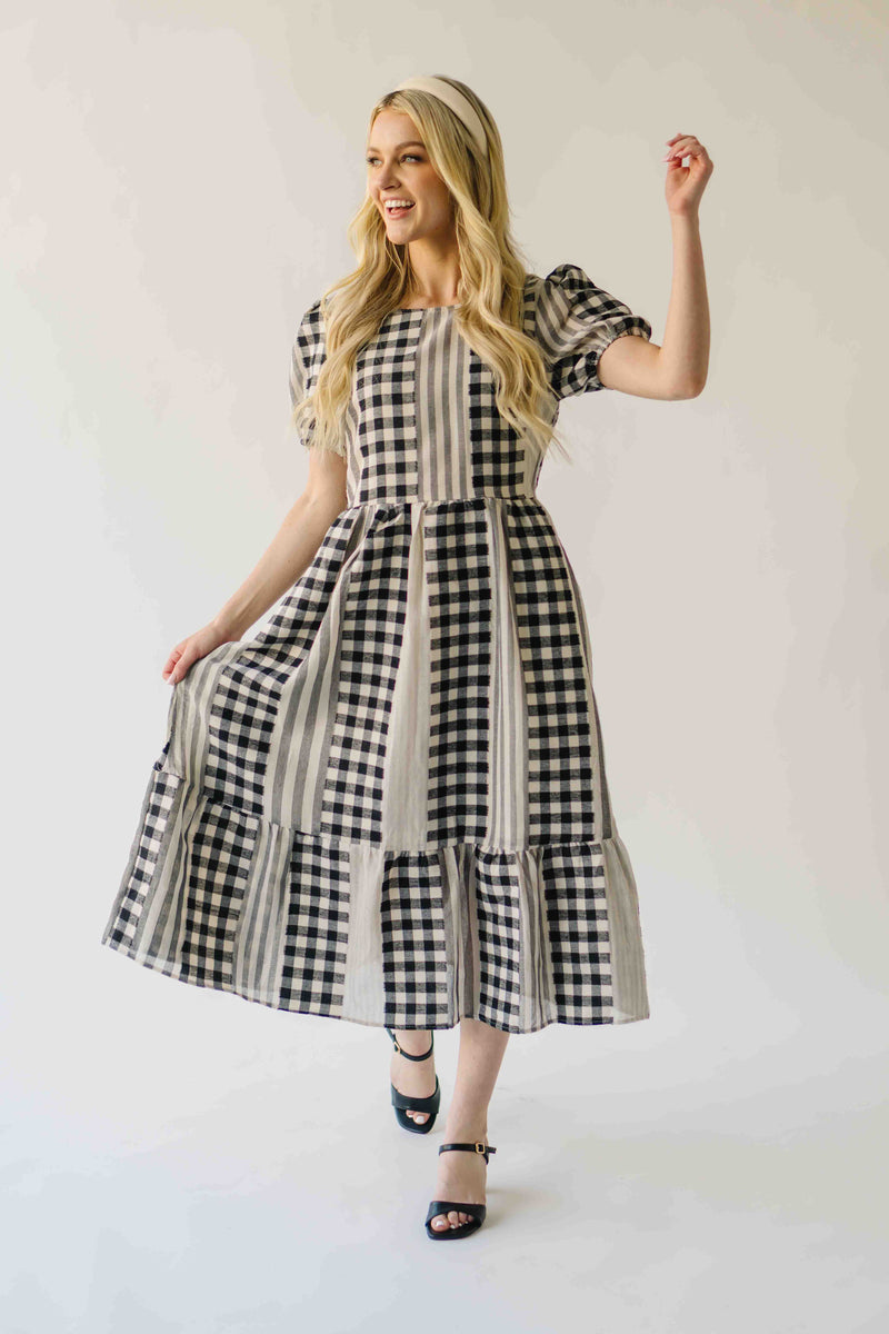 The Bosworth Contrast Gingham Midi Dress in Black + Ivory