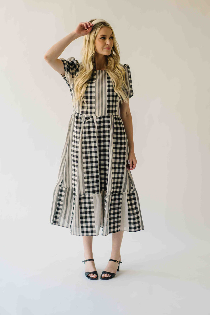 The Bosworth Contrast Gingham Midi Dress in Black + Ivory