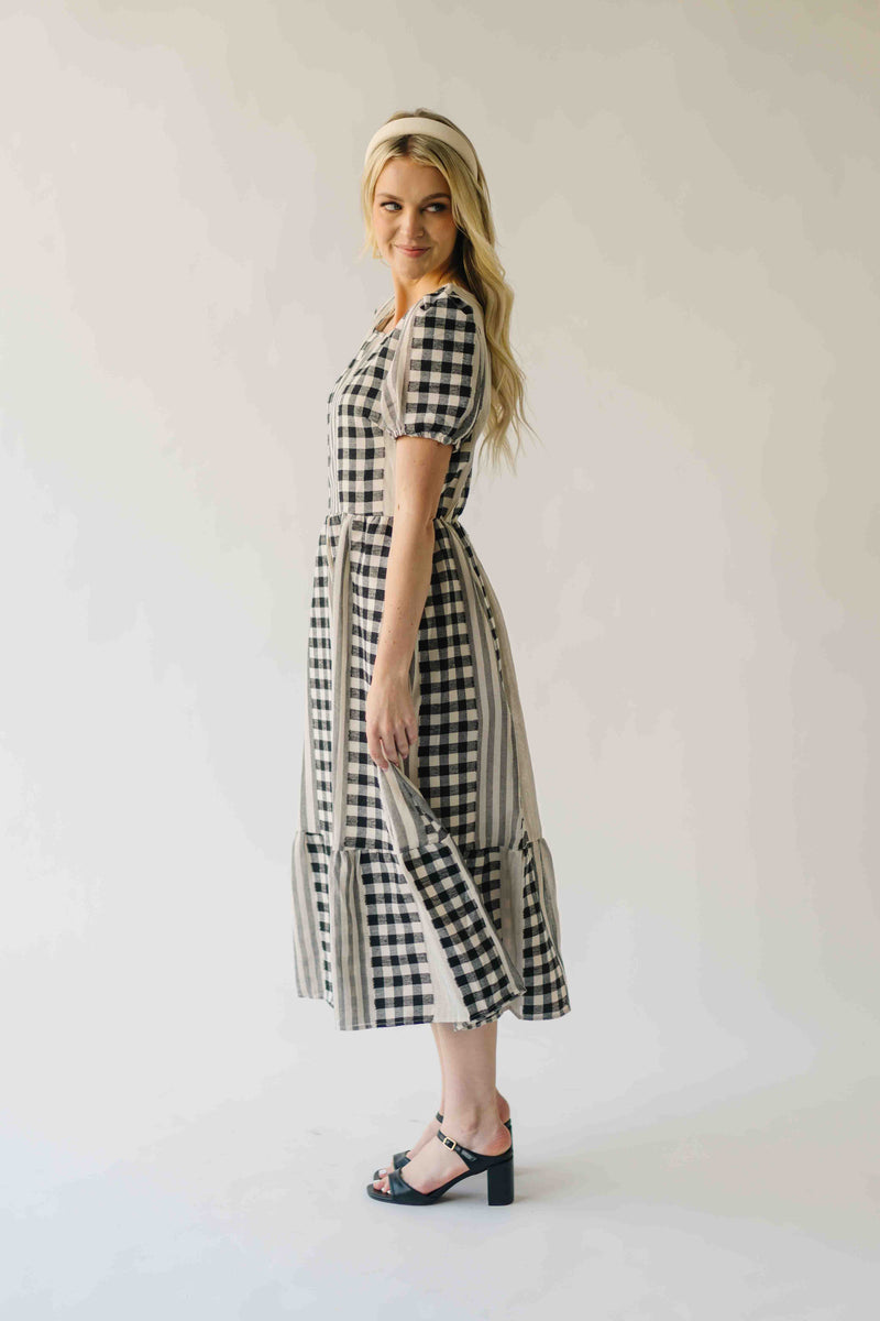 The Bosworth Contrast Gingham Midi Dress in Black + Ivory