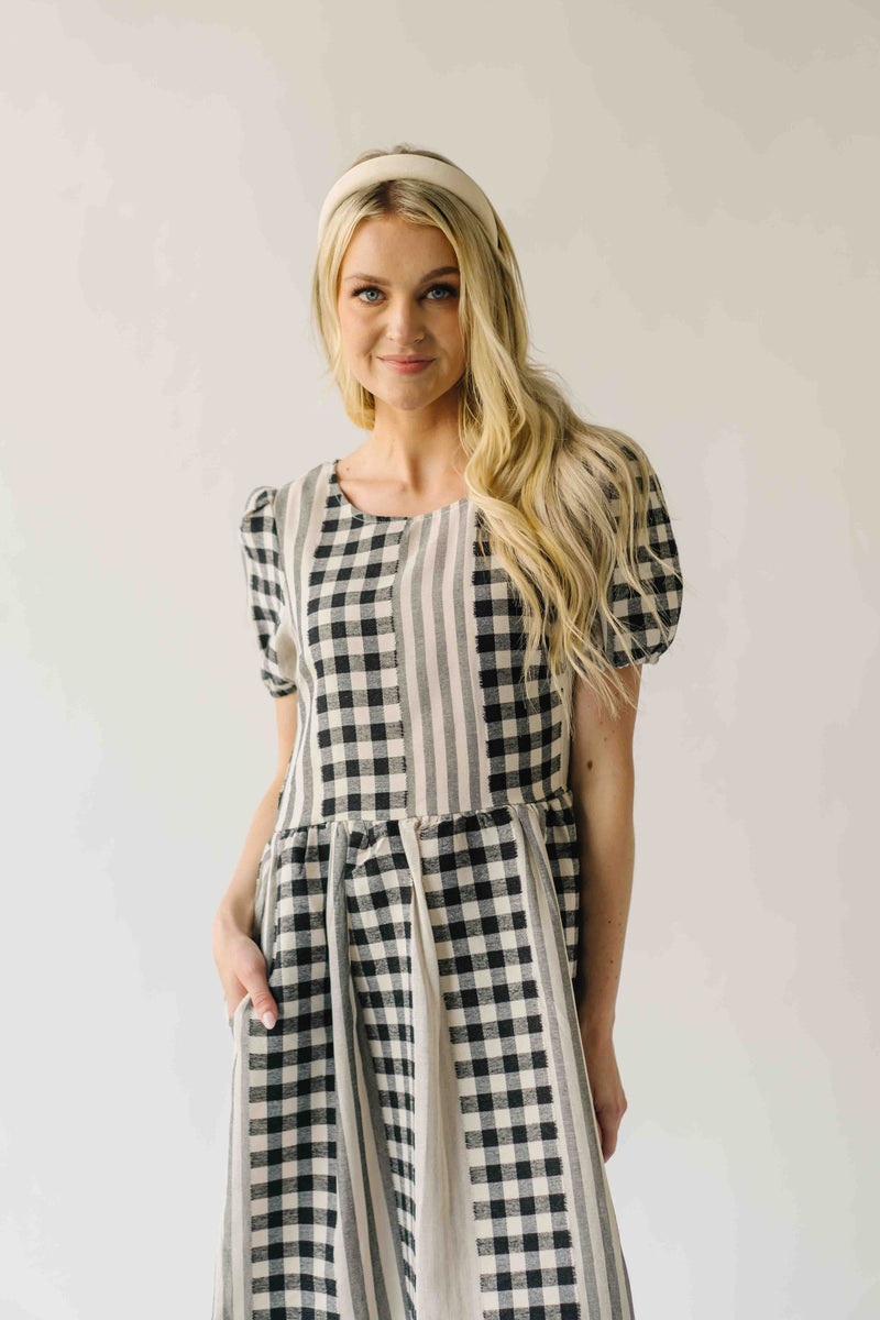 The Bosworth Contrast Gingham Midi Dress in Black + Ivory