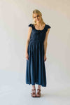 The Malta Shirred Bodice Midi Dress in Navy