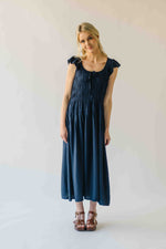 The Malta Shirred Bodice Midi Dress in Navy