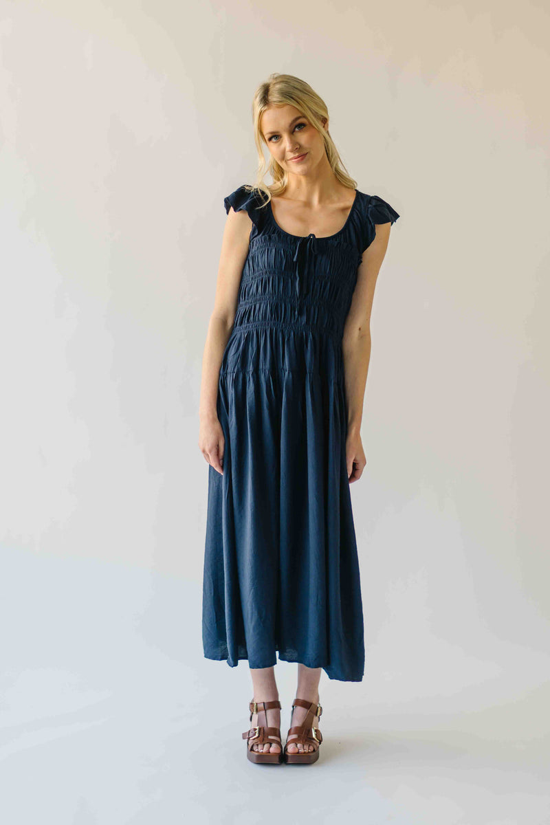 The Malta Shirred Bodice Midi Dress in Navy