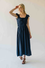 The Malta Shirred Bodice Midi Dress in Navy
