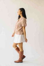 The Cindy Striped Balloon Sleeve Blouse in Caramel