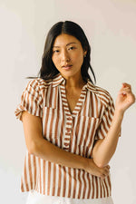 The Cindy Striped Balloon Sleeve Blouse in Caramel