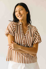 The Cindy Striped Balloon Sleeve Blouse in Caramel