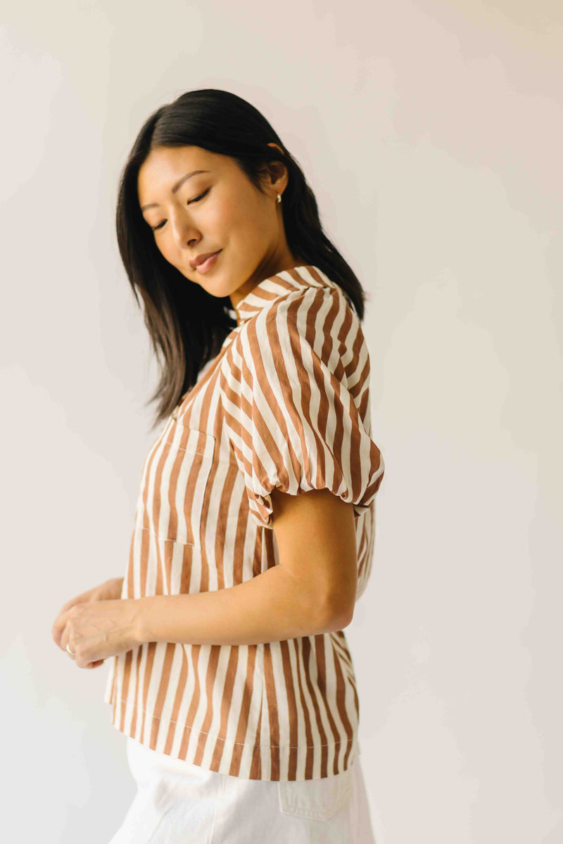 The Cindy Striped Balloon Sleeve Blouse in Caramel