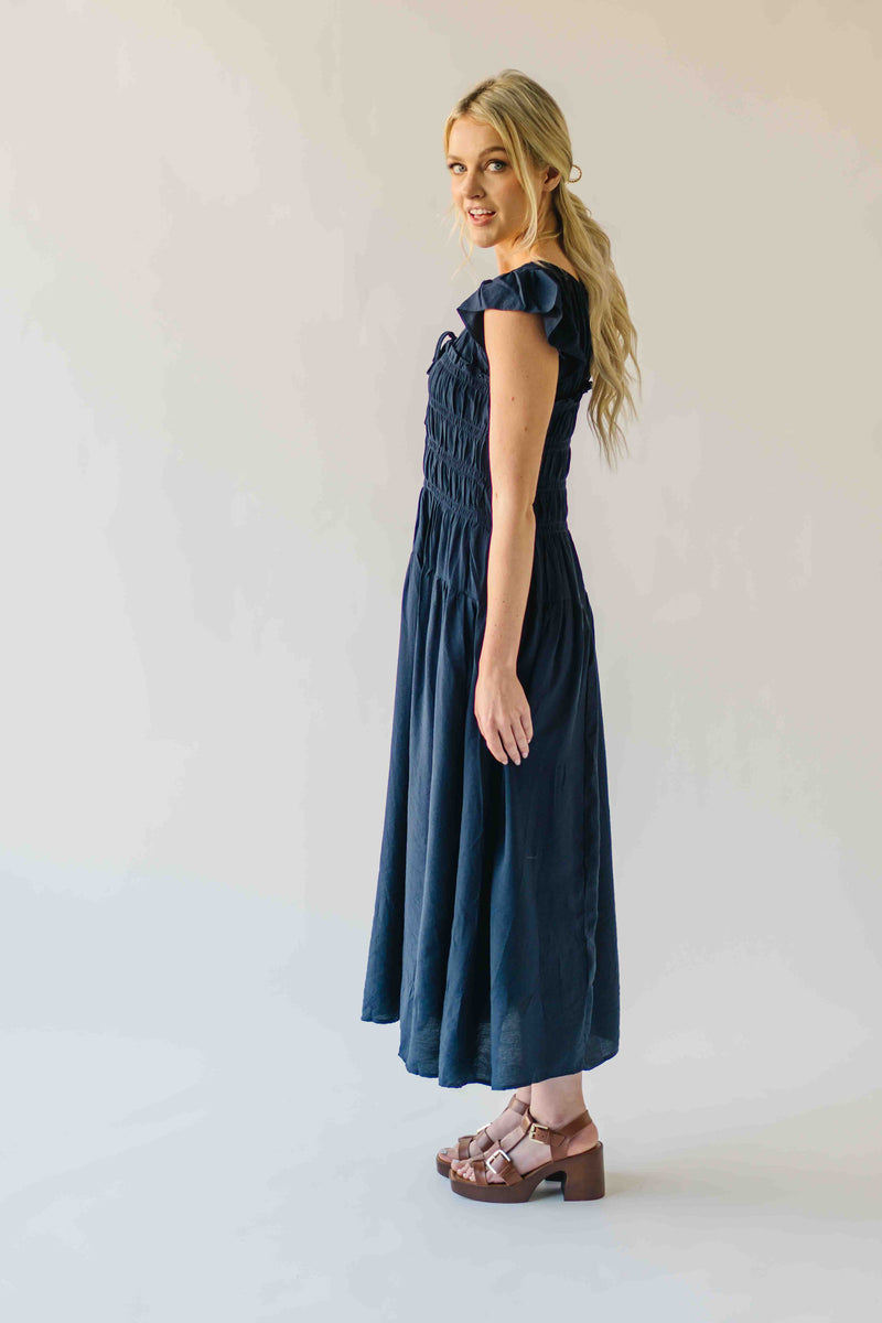 The Malta Shirred Bodice Midi Dress in Navy