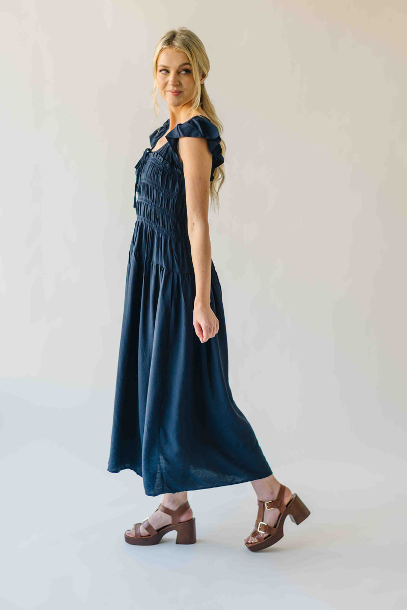 The Malta Shirred Bodice Midi Dress in Navy