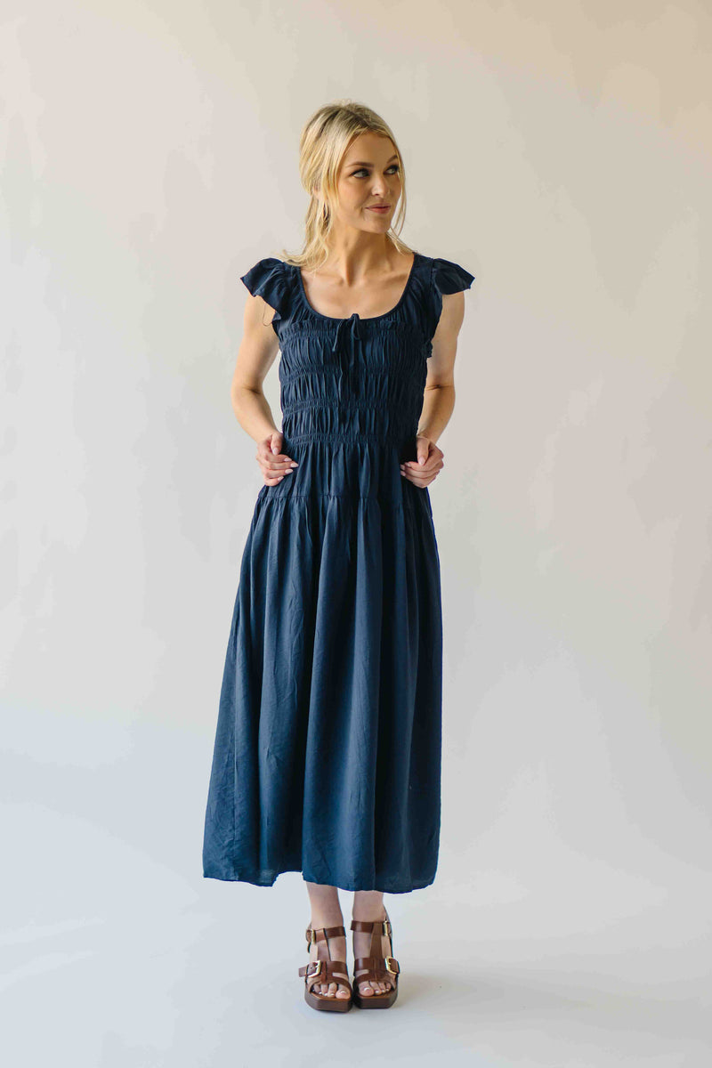 The Malta Shirred Bodice Midi Dress in Navy
