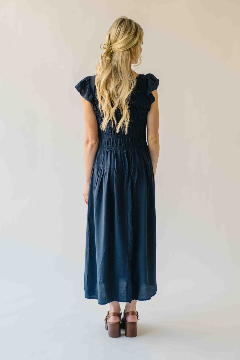 The Malta Shirred Bodice Midi Dress in Navy