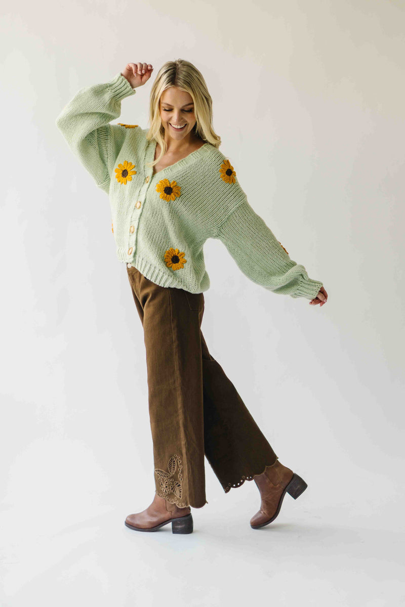 The Daphne Floral Knit Cardigan in Lime
