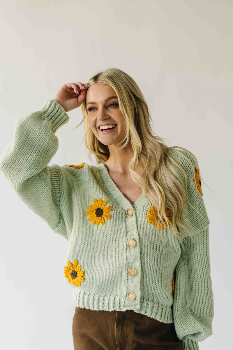 The Daphne Floral Knit Cardigan in Lime