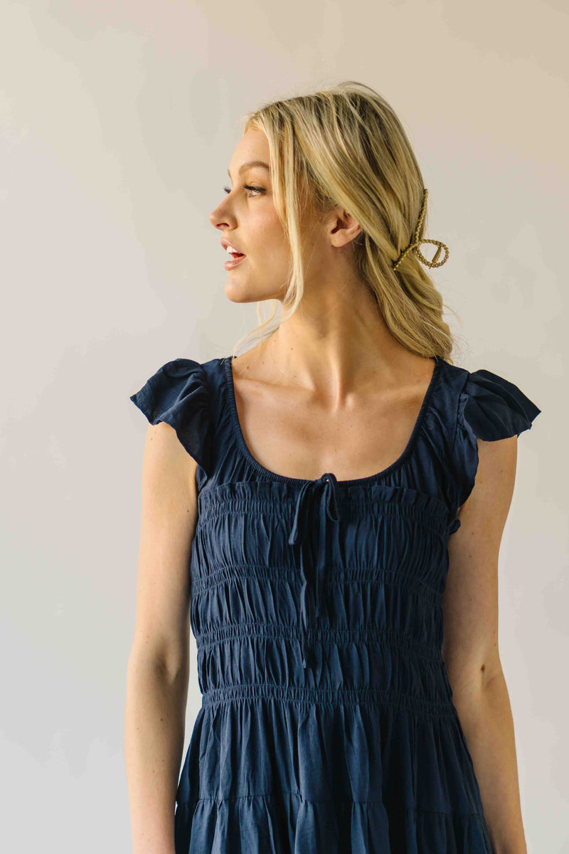 The Malta Shirred Bodice Midi Dress in Navy