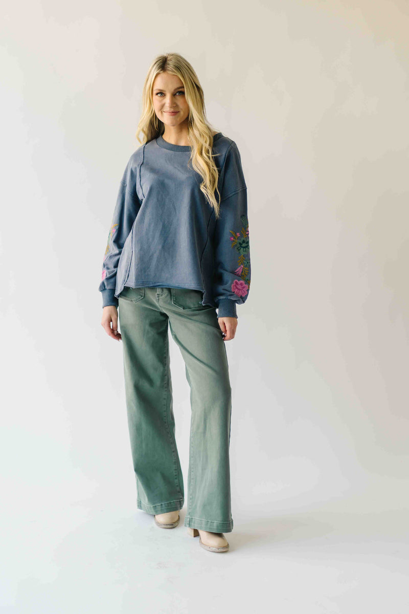 The Dewey Floral Embroidered Blouse in Washed Midnight