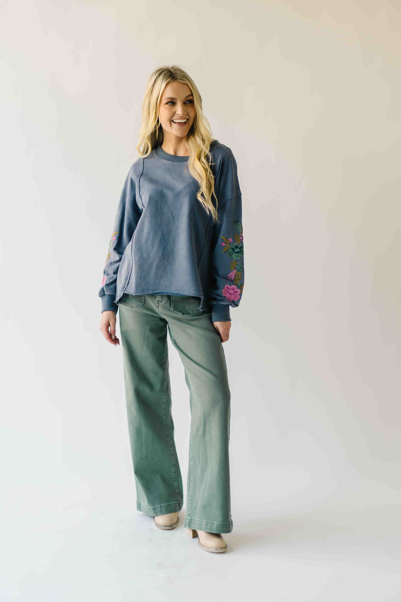 The Dewey Floral Embroidered Blouse in Washed Midnight