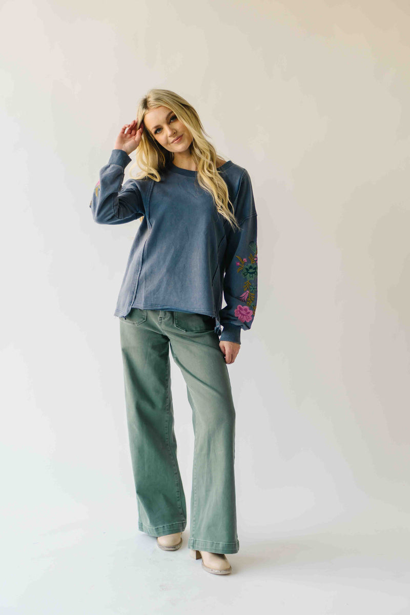 The Dewey Floral Embroidered Blouse in Washed Midnight