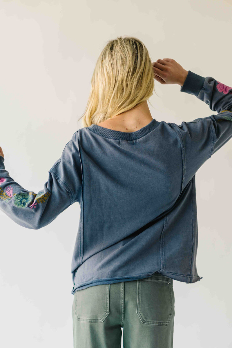 The Dewey Floral Embroidered Blouse in Washed Midnight