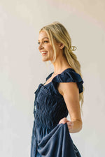 The Malta Shirred Bodice Midi Dress in Navy