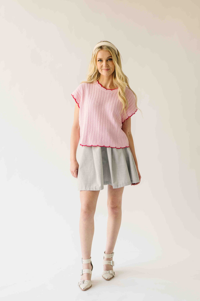 The Shelly Scallop Edge Sweater in Pink + Red