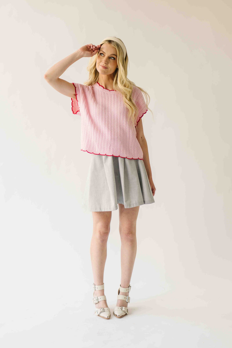 The Shelly Scallop Edge Sweater in Pink + Red
