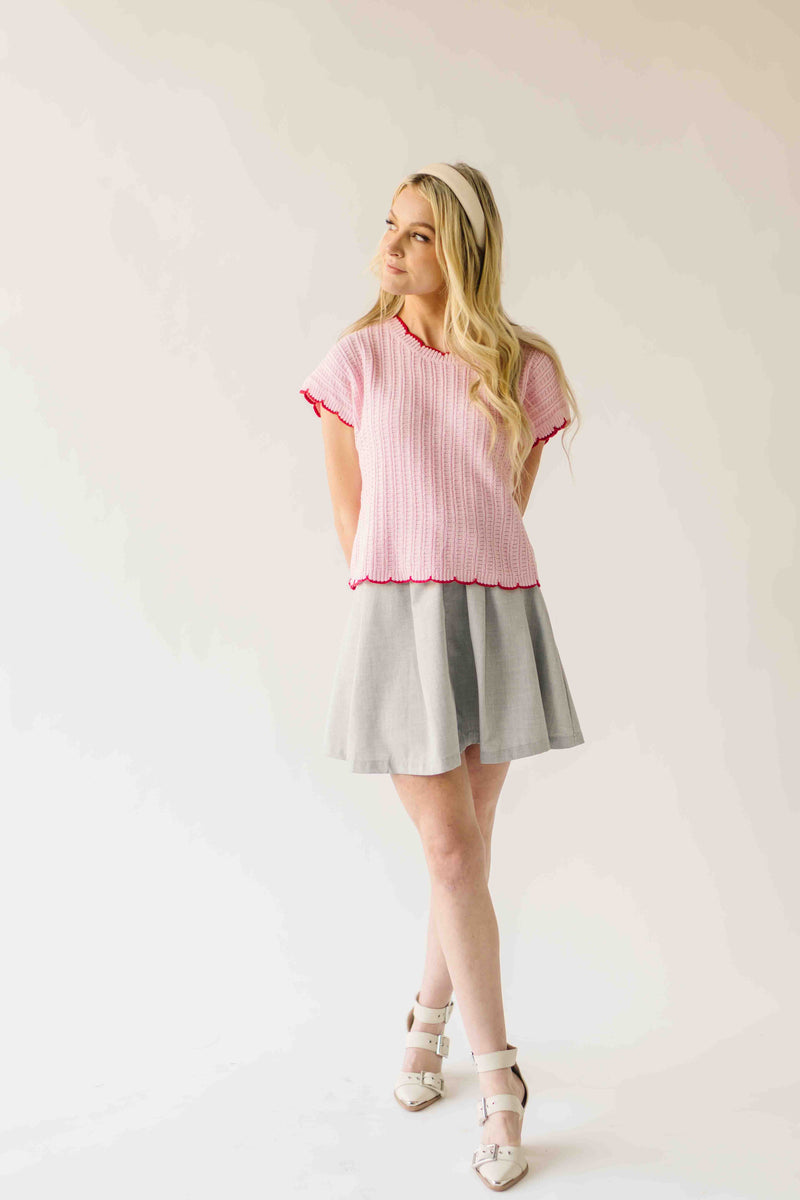 The Shelly Scallop Edge Sweater in Pink + Red