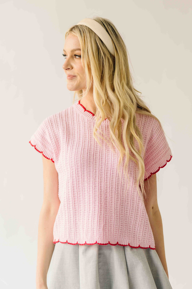 The Shelly Scallop Edge Sweater in Pink + Red