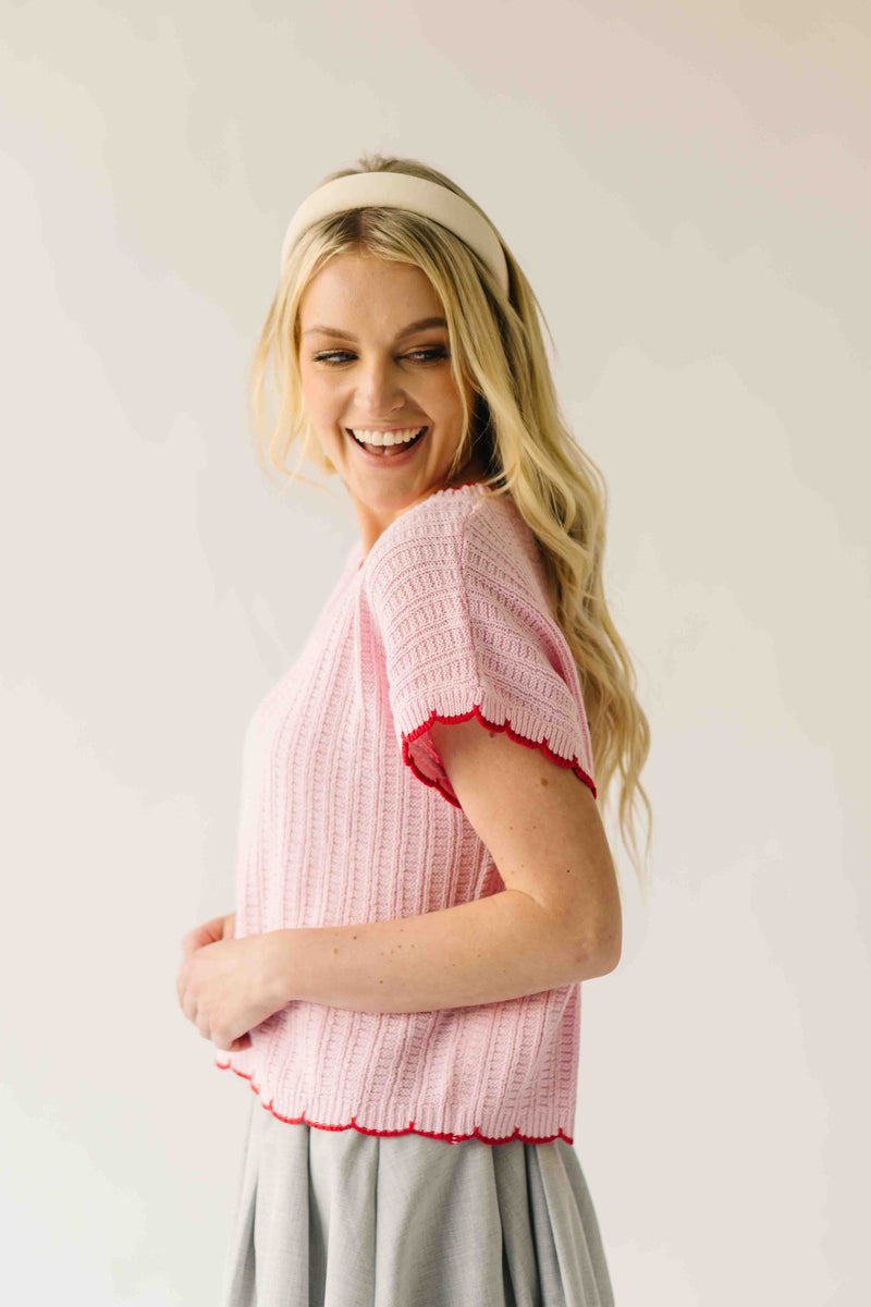 The Shelly Scallop Edge Sweater in Pink + Red