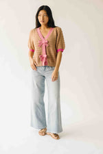 The Richey Bow Cardigan in Mocha + Pink