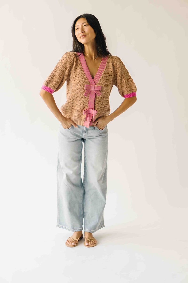 The Richey Bow Cardigan in Mocha + Pink
