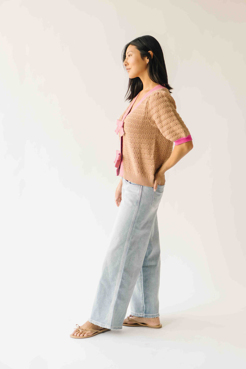 The Richey Bow Cardigan in Mocha + Pink