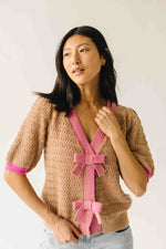 The Richey Bow Cardigan in Mocha + Pink