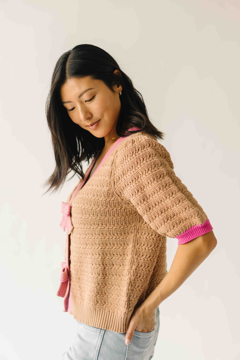 The Richey Bow Cardigan in Mocha + Pink